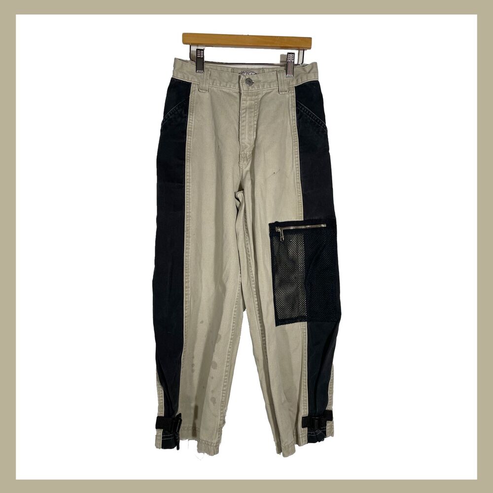 Vintage Y2K Lee Pipes BMX Pants Tan Black Patch Logo Mesh Unisex Teen 25x23 READ